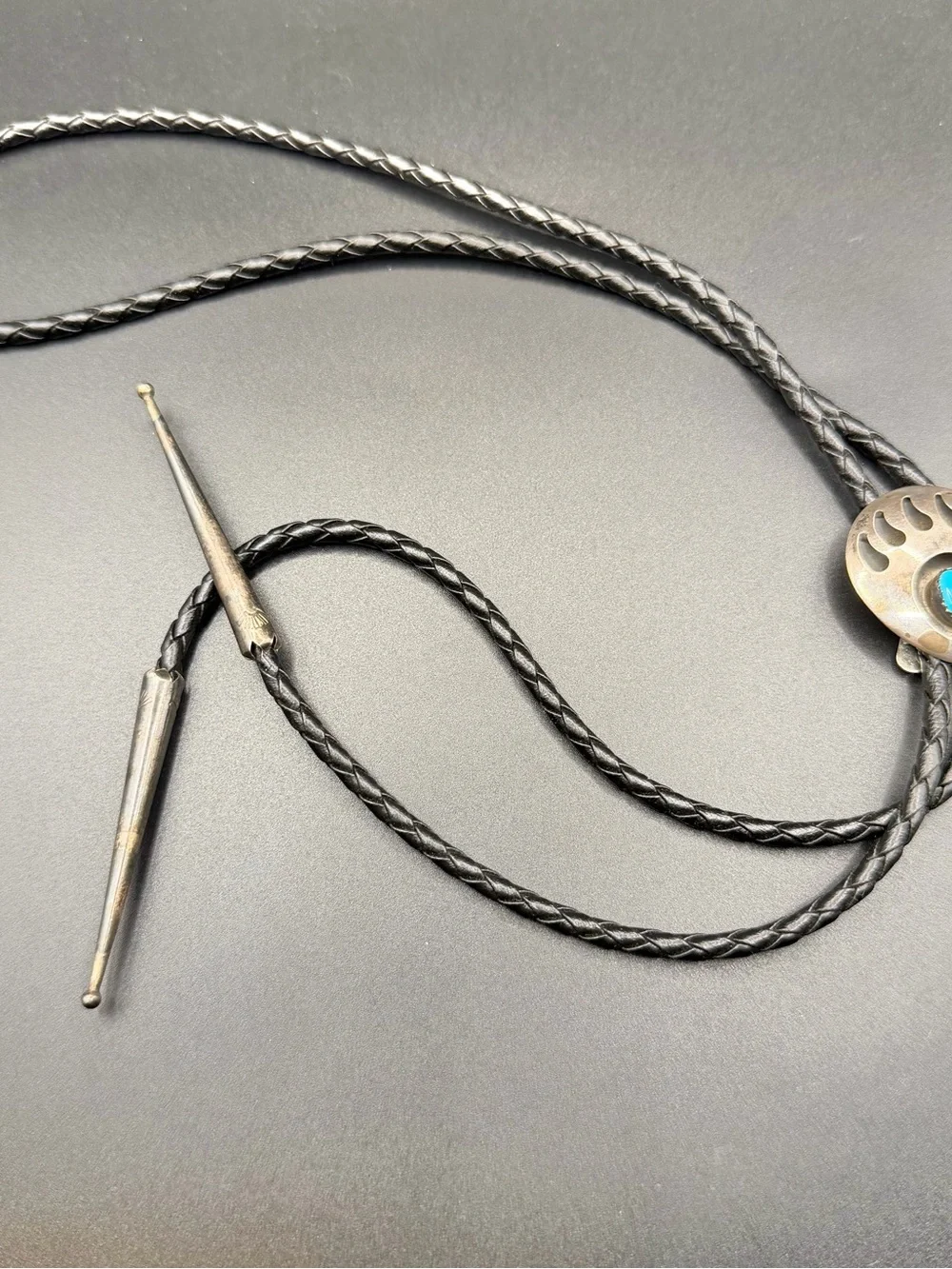 Vintage Sterling Silver 925 Native Navajo Turquoise Bear Paw Claw Bolo Tie